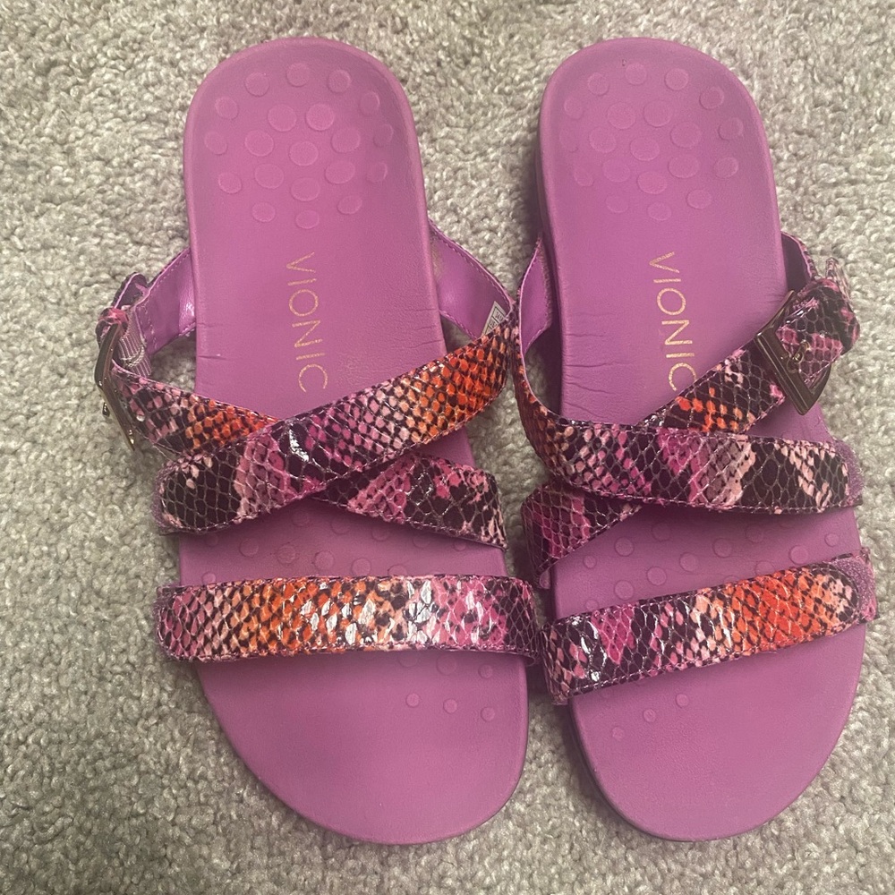 Vionic Pink Multicolor Snake-Print Slide Sandals